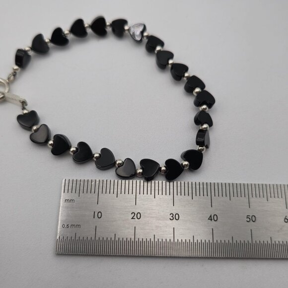6 Inch Sterling Silver Onyx Stone Hearts Bracelet B482 - Picture 4 of 5